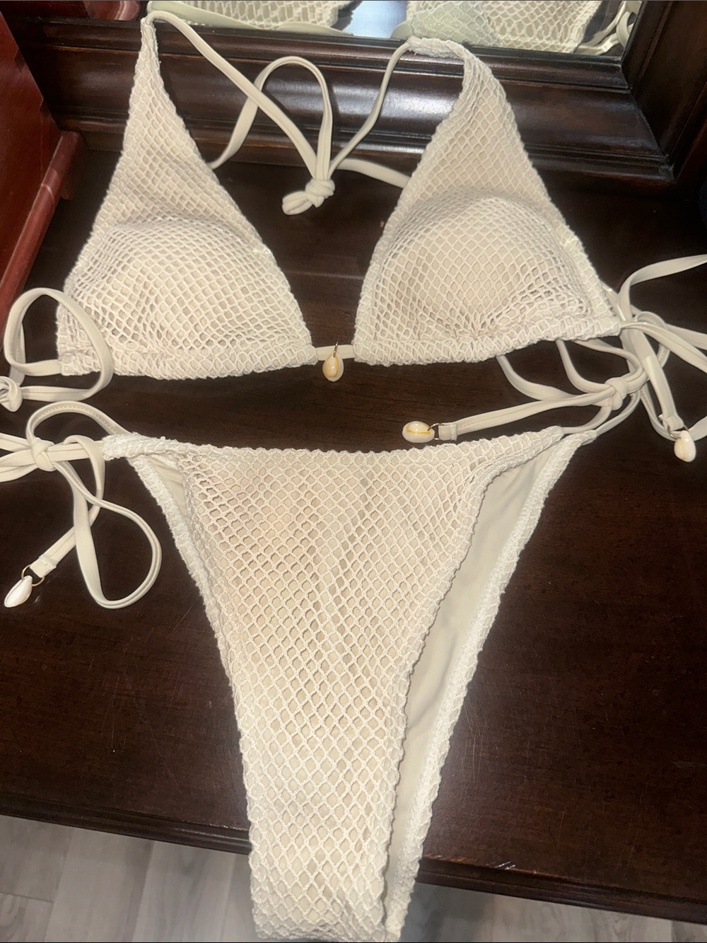 Women’s Cream Crochet Mesh Triangle Bikini